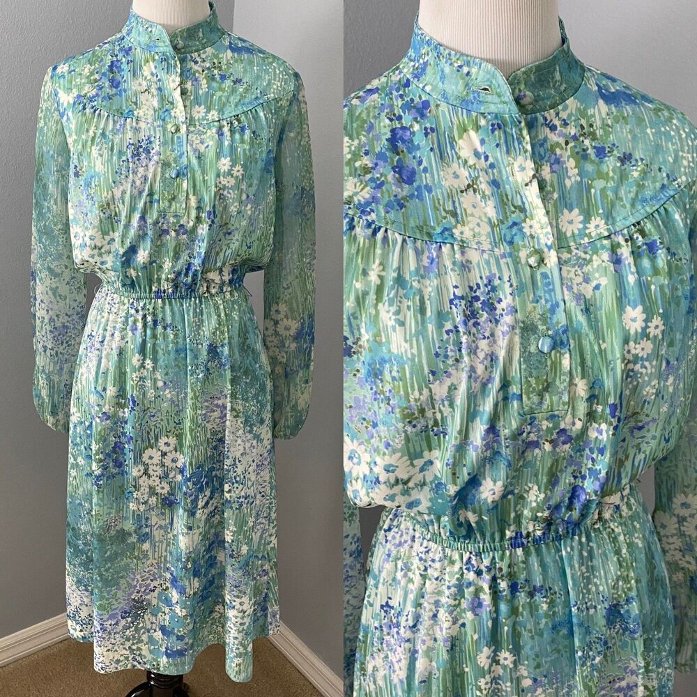Lady Carol Vintage 70s New York Size S? Floral Secretary Blue Watercolor